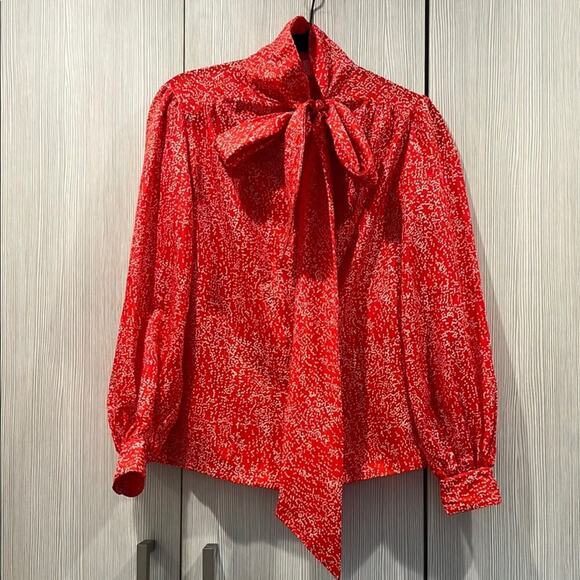 Vintage Amanda‎ Red Polka Dot Blouse | Puff Shoulder Tie Neck | Size Small - Picture 2 of 13